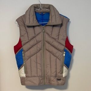 GOAT by Whit Stag Colorblock Puffer Vest in Taupe, Blue white & Red